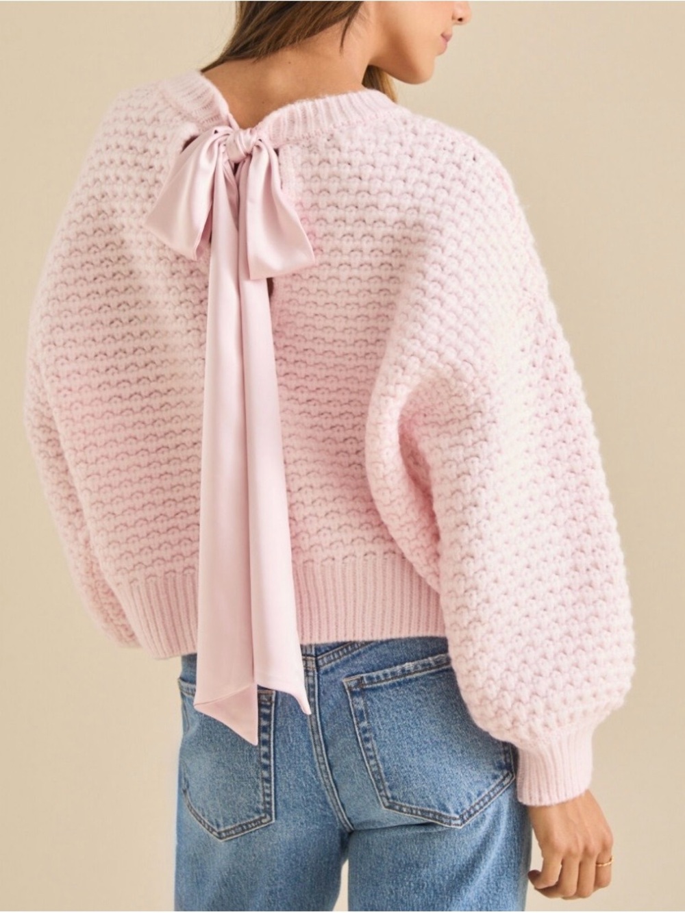 Altar'd State Pale Pink Bow-Back Textured Knit Sweater